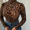 Jumpsuits voor dames OMSJ Dames Sexy skinny bodysuit met luipaardprint Bruin Jumpsuit met hoge hals en lange mouwen Clubwear Tops Basic overalls voor dames 230826