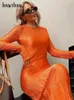 Basic Casual Jurken Hawthaw Damesmode Lange Mouw Streetwear Bodycon Oranje Midi-jurk Herfstkleding Groothandel Artikelen Voor Zakelijk 230828