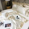 Set di biancheria da letto Broccato liscio champagne e cotone egiziano Ricamo reale Set di lusso Copripiumino con bordo in pizzo Federe per lenzuolo