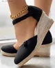 Kleid Schuhe 2023 Stickerei Geflochtene Knoten Knopf Knöchel Riemen Keil Sandalen Frau Bequeme Spaziergang Freizeit Espadrille Sandale Schuhe Für Frauen T230828