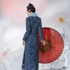Ethnic Clothing A Life On The Left Women Blue Calico Improved Cheongsam Long Sleeve Stand Collar Slim Traditional Chinese Style Retro Skirt