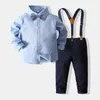 Conjunto de roupas para bebês meninos, cavalheiro, camisa de algodão de manga comprida com suspensório e calça, conjunto de 2 peças