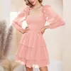 Casual Dresses Women 3/4 Puff Sleeve Smocked Layered Ruffle Short Dress Square Neck Off Shoulder Solid Color Flowy Swing A-Line