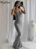 Grundläggande avslappnade klänningar Hugcitar Satin slip ärmlös rygglös smal sexig maxi klänning vår kvinnor fest y2k kortfattad bodycon elegant kläder 230828