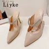 Rhinestone Brand White Liyke Pumps Fashion Women Dress Leather Thin High Heels Mules Sandals Sexy Pointed Toe Stiletto Shoes Slippers T230828 252