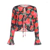 Kvinnors blusar xingqing estetiska skjortor Crop Top Y2K Women Floral Print Tie Front Long Sleeve Blause Cardigan Fairycore Clothes Streetwear