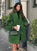 Womens Wool Blends Elegant Contraster Plaid Print Mid Length Coat Chic Lapel Long Lantern Sleeved Jacket Winter Lady High Streetwear 230828