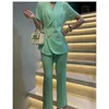 Pantalon de deux pièces pour femmes Unxx Costumes verts Femmes à manches courtes Été Mince Haut de gamme Business Tempérament Mode Slim Blazer Bureau Dames Travail