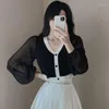 Kvinnors tröjor Autumn Winter Women Chiffon Bishop Sleeve Crop Knit Sweater V Neck Pull Femme Slim Y2K Söt tröja Top Clothes