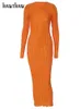 Basic Casual Jurken Hawthaw Damesmode Lange Mouw Streetwear Bodycon Oranje Midi-jurk Herfstkleding Groothandel Artikelen Voor Zakelijk 230828