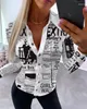 Blusas femininas moda feminina 2023 outono carta impressão ruched abotoado manga longa topo casual elegante camisa magro femme roupas