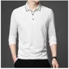 Printemps et automne T-shirt à manches longues pour hommes décontracté col polo bouton de mode en vrac couleur unie pull t-shirts hauts à rayure HKD230825