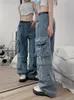 Jeans femininos outono baggy carga para mulheres destacável reta larga perna casual macacão homens rua hip-hop calças y2k estilo denim calça