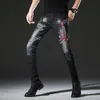 Mens Light Luxury Dragon Embroidery Jeans Slim-Fit Stretch Scratches Denim Pants High Street Jeans Pants Youth Must; HKD230829