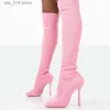 Knä Square Sticke Elastic Pink Head Toe High Stiletto Heel Slip On Boots Women Winter Shoes Party Dress Sexig kortfattad T230829 82