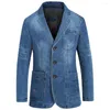 Herenpakken Jasje Herfst Lange Mouwen Pure Kleur Zakken Denim Blazer Streetwear Heren Jeans