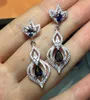 Dangle Earrings Fashion Natural Blue Sapphire Drop Gemstone Luxury Big Water Long Lotus 925 Silver Female Jewelry