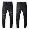 Designer Stack Jeans European Purple Jean Men broderi Quiltning Rippad för trendmärke Vintage Pant Mens Fold Slim Skinny Fashion Jeans 28-40