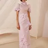 Work Dresses 2023 Autumn Embroidery Flower Lace Suits Women Stand Collar Button Long Shirt Skirt Lace-Up Puff Sleeve Party 2-Piece Set