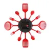 Wall Clocks 16 Inch Kitchen With Spoons And Forks 3D Tableware Clock Room (Red)