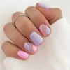 Kunstnagels Korte ronde hemelsblauwe glitter Franse nep DIY manicure salon Volledige dekking Faux vingernagels Nageltips 24 stuks