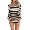 Casual Dresses Women's Summer Knit Slim Dress Stripe Print Långärmning Square-Neck Crochet Eyelet Hollow Out Short