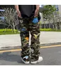 Men S Pants High Street Camouflage Patch broderade jeans Brand American Hip Hop Loose raka Casual Overalls Trendy 230829