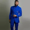رجال Suits Blazers Men Slim Fit with Mandarin Stand Stand Collar Royal Blue Wedding Tuxedos اثنين