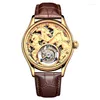 Нарученные часы роскошные мужские турбиллинские механические часы Zodiac Horse Skeleton 24K Золотая кожая мужчина -чайка сапфир бизнес мужчина