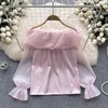 Women's Blouses Sweet Pink Slash Neck Chiffon Shirts Tops Spring Autumn Sexy Off Shoulder Flare Long Sleeve Loose Black White