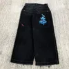 Dżinsy męskie y2k dżinsy streetwear harajuku hip hop graficzny graficzny druk gotycki worki dżinsy czarne spodnie mężczyźni kobiety wysokie talia szerokie spodnie nogi 230828