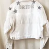 Womens Jackets Denim Jacket With Stars White Fringe Pearl Personalized Bride Custom MrsJean Wifey Wedding Coats Tops 230828