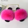 Home Slippers Fur Fox Summer Summer Real Femmes Furry Sandales plates Flat Sandales non glissées Fliffy Flip Flop