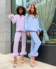 Vêtements de nuit pour femmes Pyjamas de plumes Ensemble Femmes à la mode Vêtements de nuit sexy Pyjamas en satin de soie Automne Casual Femme Revers Tops Pantalon 2 pièces Salon