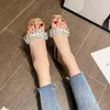 Slipare Rhinestone Pärlor Transparent kvinnor Öppna tå Hög klackar Plattform Glaidator Sandalias Mujer Summer Beach Slides Shoes