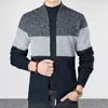 Suéter masculino de inverno, casaco com zíper e carcela, cardigans de malha elegantes com listras de cores contrastantes para o outono