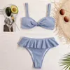 Maillot de bain sexy pour femmes, couleur unie, bord à volants, nœud élastique, fendu, t-back, vêtements de plage d'été, équipement de sports nautiques, ensemble de bikini pour vacances à la plage