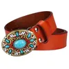 Belts Fashion Women's Genuine Leather Belt Mosaic Gem Turquoise Belts Metal Buckle Arabesque Pattern Retro Lady Jeans Waistband Gift 230829