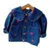 Jackets Autumn Fashion Girls Denim Jeans Heart Print Children Kids Casual Lapel Collar Outerwear Coats Casaco Infantil