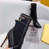 Fashion Boots Letter Knitted Mid Sleeve Short Spring and Autumn Fine High Heel Cowhide Boots Pointed Head Slim Leg Elastic