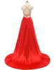 Élégants robes de bal en satin long licou avec des poches A-line Spaghetti Criss Cross Back Sweep Train Forme Form Fany Robe de soirée Maxi Robe de soirée avec fente pour femmes