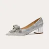 Dress Shoes Heels For Women On Sales Glitter Bling Sheepskin Pointed Slip-On Medium Chunky 4.5 Wedding Ball Sexy Pumps Female