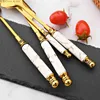 White Gold Luxury Dinnerware Cutlery Set Ceramic Full Flatware Stainless Steel Knife Cake Fork Spoon Set Kitchen Tableware Gift Q230829