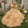 Flickaklänningar Flower Gold Puffy Pleat Tiered Appliques Feather Shoulder For Wedding Party Pageant First Commonion Gowns