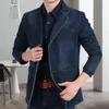 Herenpakken Jasje Herfst Lange Mouwen Pure Kleur Zakken Denim Blazer Streetwear Heren Jeans