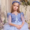 Girl Dresses Sky Blue Flower Puffy Tiered Cake Skirt Appliques With Diamond Half Sleeve For Wedding Banquet Princess Gowns