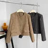 Women's Wool Blends Women's Single Button Tweed Crop Jacket Brown Gray Short Blazer 230828