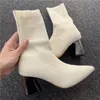 Boots Women Stretch Knitted Snow 7cm 9cm High Heels Ankle Low Square Block Lady Warm Winter Plus Size 3343 Shoes 230829