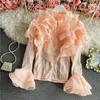 Women's Blouses Shirts Gagarich Women Shirt Spring Autumn French Style Ladies Super Fairy Layered Ruffled Organza Flared Sleeve Blouses 230828