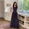 Abiti casual Abito elegante senza maniche Abito estivo da donna francese vintage di alta qualità viola con pannello lavorato a maglia lungo